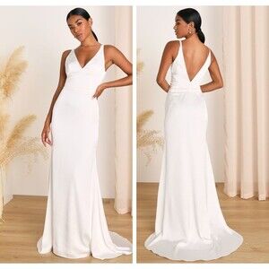 Lulus Polished Perfection White Satin Sleeveless Mermaid Maxi Dress Medium Bride